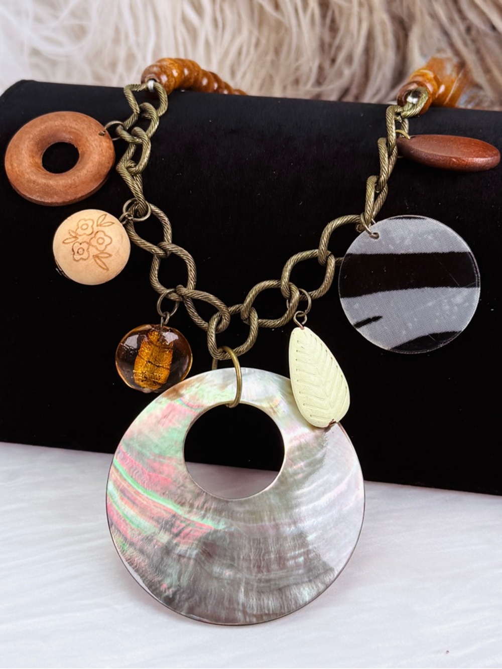 Vintage Bohemian tribal chic, shell pendant, charm, statement, necklace